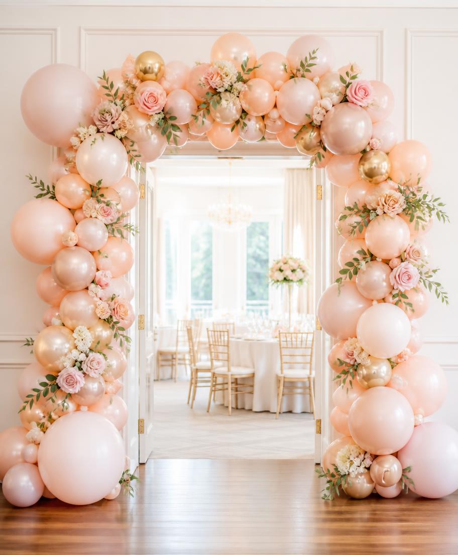 Blush, peach and gold balloon arch framing a bright venue doorway