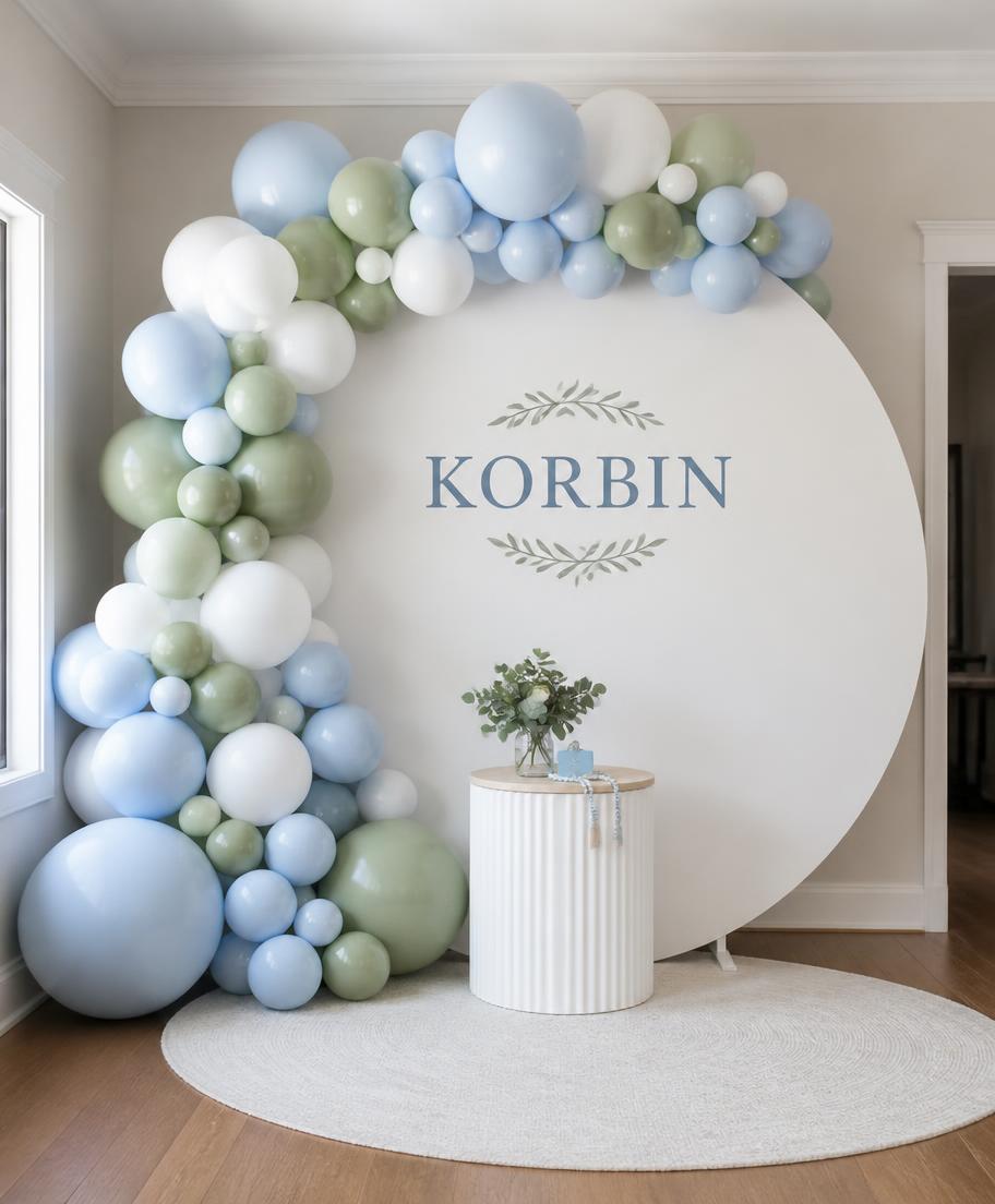 Round white backdrop panel with a personalized name and a blue, sage and white balloon garland