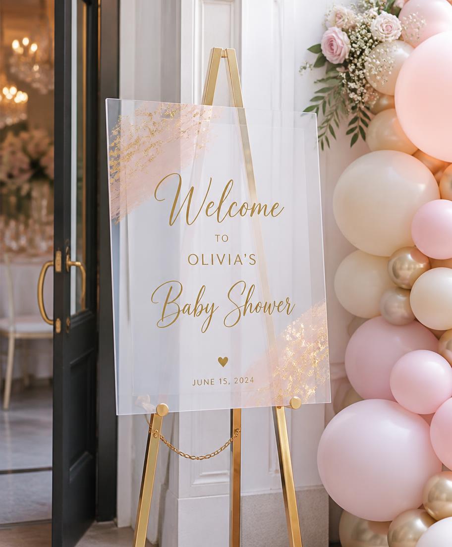 Gold lettered acrylic welcome sign on an easel beside pastel balloons